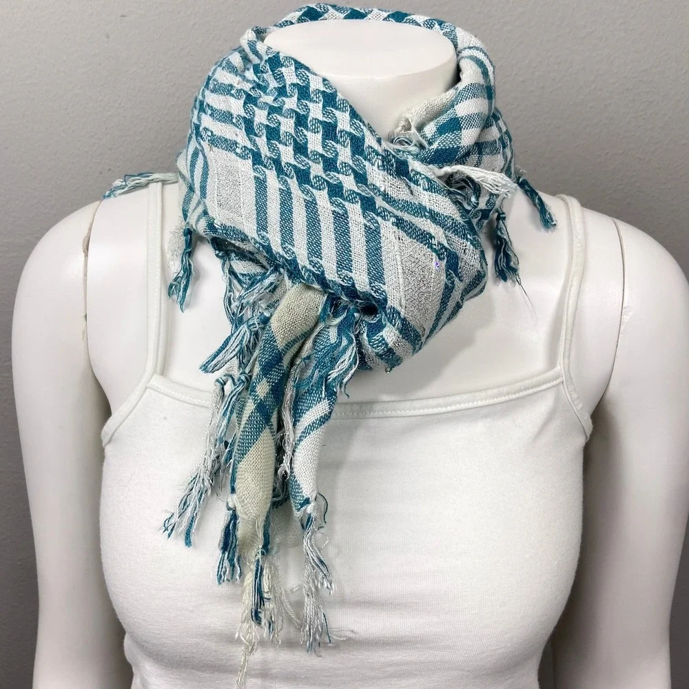 Plaid Fringe Scarf Blue‎ White Shawl Y2K Indie Sleaze Euro Summer Picnic Wrap